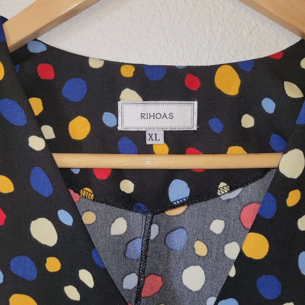 Rihoas Polka Dot Midi Dress Slim Tie Back XL Button Front Fit Flare Black S/S - Picture 5 of 11